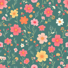 Vector floral seamless pattern in doodle style with flowers and leaves. Gentle, summer floral background.