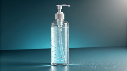 Clear pump bottle of hand sanitizer with bubbles on a blue surface