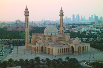 Stunning Aerial View of The Al Fateh Grand Mosque in the Evening, Manama, Bahrain