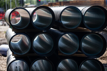 stack of large industrial metal pipes at construction site ready for underground installation with...
