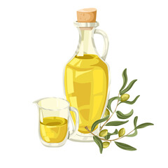 Olive oil bottle, small oil jug, olive branches with small green olives vector composition. Hand drawn cartoon illustration for culinary, packaging, product branding, menu design, stickers