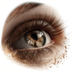 close-up of a human eye, showing a clear reflection of an open book in the pupil and iris, warm natural lighting, sharp details of eyelashes and skin texture, emotional cinematic look