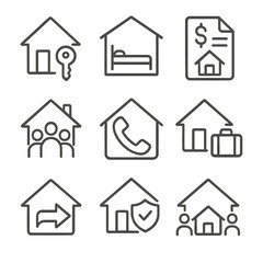 Housing Support Icons. Line style icons of housing and shelter support: key to safe home, emergency shelter bed, rent assistance