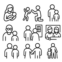 Parental Role Icons. Line style icons of parental roles: mother holding baby, father playing with child, co-parenting handshake,