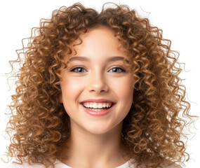 Young girl with voluminous curly brown hair bright blue eyes and a wide joyful smile isolated transparent background