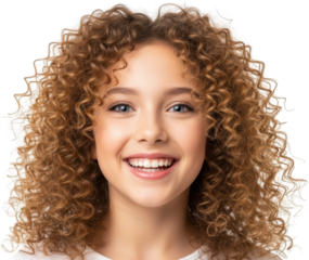 Young girl with voluminous curly brown hair bright blue eyes and a wide joyful smile isolated transparent background