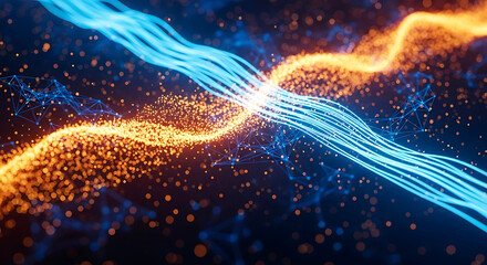 Fototapeta premium Abstract digital network of glowing blue lines and orange particles against a dark background