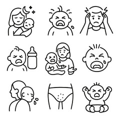 Parenting Challenges Icons. Line style icons of early parenting challenges: sleepless night icon, colic baby, parental stress