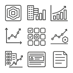 Building Data Icons. Line style icons of building data and analytics: usage heatmap icon, floor-by-floor analytics, building