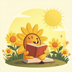 Smiling Sunflower Reading a Book in Sunny Meadow Illustration