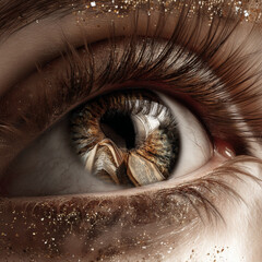 close-up of a human eye, showing a clear reflection of an open book in the pupil and iris, warm natural lighting, sharp details of eyelashes and skin texture, emotional cinematic look