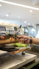 person barista using modern grinder machine to prepare coffee grounds in cafe features digital...