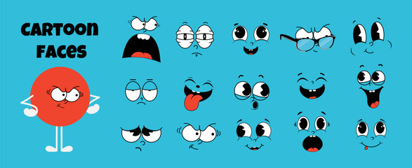 A set of cartoon faces with different emotions: sad, laughing, happy, angry, surprised, frightened, smiling, interested, and wearing glasses. Vector illustration of retro mascot characters' faces.
