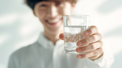 健康的な生活を送る男性が炭酸水で水分補給 | 明るい背景