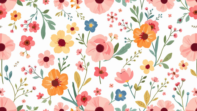 Watercolor floral seamless pattern in vintage rustic style, colored garden illustration on ivory background