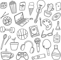 Collection of hand-drawn objects for hobbies
