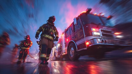 Firefighters in Action During Emergency Response at Night with Fire Truck, Bright Lights, and Rainy Streets Creating Dramatic and Intense Atmosphere