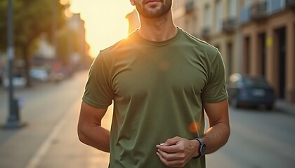 Man Wearing Olive Green T-shirt Walking on City Street at Sunset