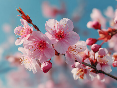 Vivid pink cherry blossoms against bright blue sky, spring vibe