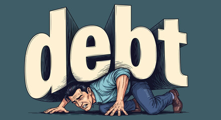 Middle-aged man struggling and under crushing financial debt - isolated color background illustration