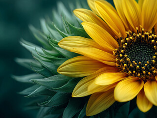 Close-up of a sunflower head, yellow and green harmony