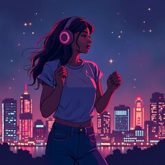 Woman Listening to Music at Night with City Skyline