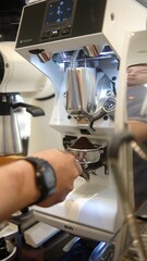 person barista using modern grinder machine to prepare coffee grounds in cafe features digital...