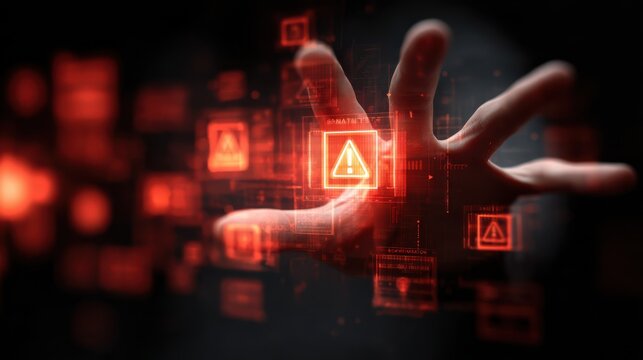 Ethereal hand reaching towards digital warning icons in a futuristic technology environment with a dark backdrop and glowing red accents