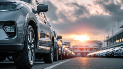 Sunset over Car Dealership with Row of New Vehicles and Soft Clouds in the Sky, Capturing an Serene Evening Atmosphere