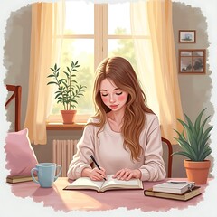 Woman Writing in Journal at Desk Near Window in Bright Room