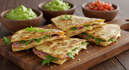 Golden quesadillas with vibrant guacamole and rustic salsa bowls.
