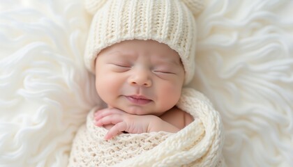 Sleeping Newborn Wrapped in Soft Blanket and Hat