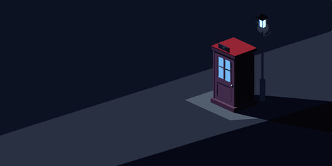 Dark Street Corner With A Single Phone Booth Lit