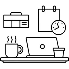 A tidy desk with a laptop, standing calendar, sticky notes, coffee mug, and wall clock. Productive and clean vibe.

