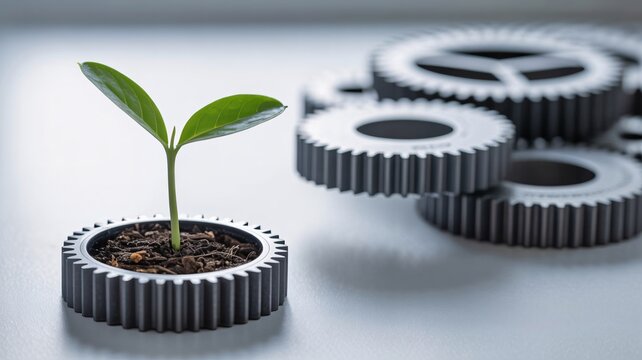 Sustainable green plant growing inside metal gear, symbolizing eco innovation and industrial growth.