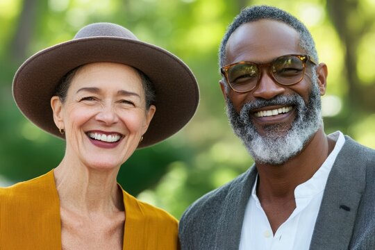 Senior couple embraces outdoors, surrounded by fresh air and tranquility.
