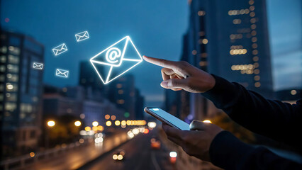 Person using smartphone at night with glowing email icons and city lights in the background