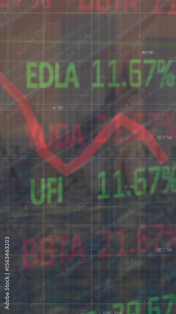 Poster animation of statistical and stock market data processing against tall building