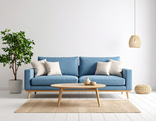 Serene Living Room with Blue Sofa and Woven Decor