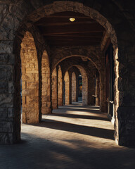 Naklejka premium Historic Stone Arcade with Repeating Arches and Soft Sunlight