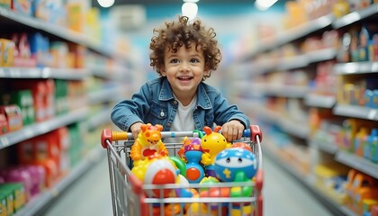 Smiling Boy in Shopping Cart Full of Toys at Store
