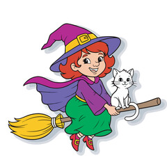 Adorable Little Witch Flying on a Broom with Her Cat