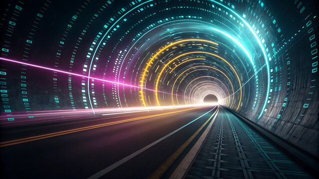 Futuristic digital tunnel with neon lights and binary code patterns illuminating the path forward