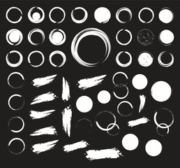 Mega bundle of different ink brush strokes:rectangle,square and round freehand drawings.Ink splatters,grungy painted lines,artistic design elements:waves,circles,triangles.