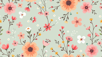 Seamless pattern background featuring a collection of vintage botanical illustrations with flowers and leaves in muted colors