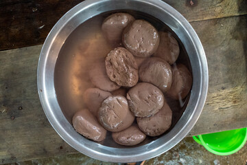 Coagulated Animal Blood in Water Bowl at Southeast Asian Market