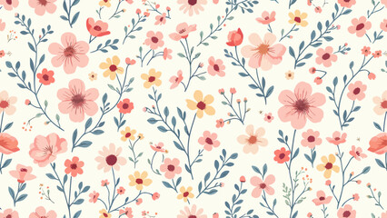 Seamless pattern with Wild flowers, Hand drawn Flowers and branches in Scandinavian style	