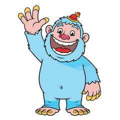 Happy Blue Yeti Cartoon Character Waving Hello
