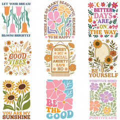 Fototapeta premium pack of Boho Mental Health t-shirt Vector, Retro Boho Selfcare illustration, Boho Floral Health Care Quotes,Positive Boho sayings