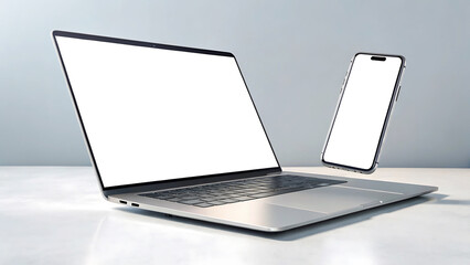 Modern silver laptop and smartphone with blank white screens floating above a textured surface
